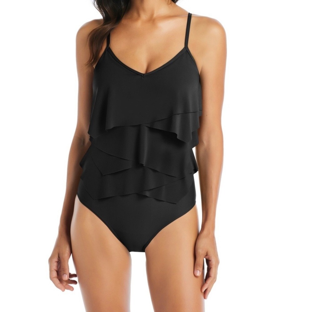 NWT Beyond Control One Piece Swimsuit Women Black Tiered Ruffle Strappy 14 $139